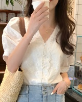 Embroidery short sleeve Korean style shirt summer V-neck tops