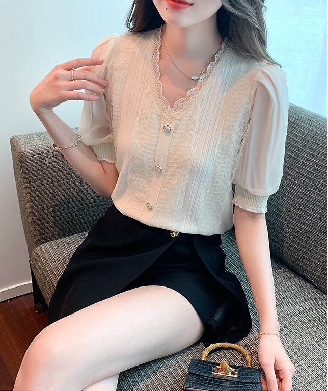 Fashion puff sleeve sweater unique V-neck tops