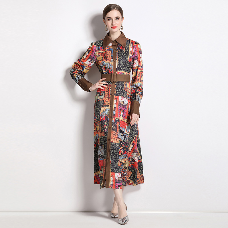 Autumn retro printing European style dress for women