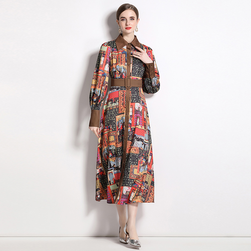 Autumn retro printing European style dress for women