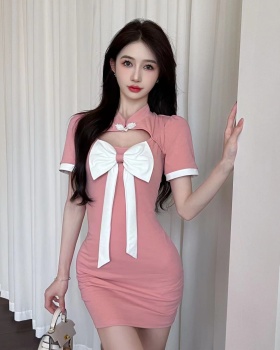 Hollow bow pure mixed colors slim package hip retro dress