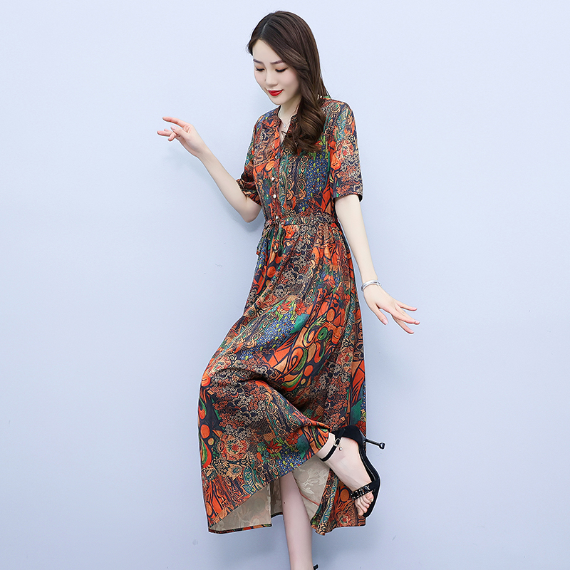 Jacquard summer colors real silk printing dress for women
