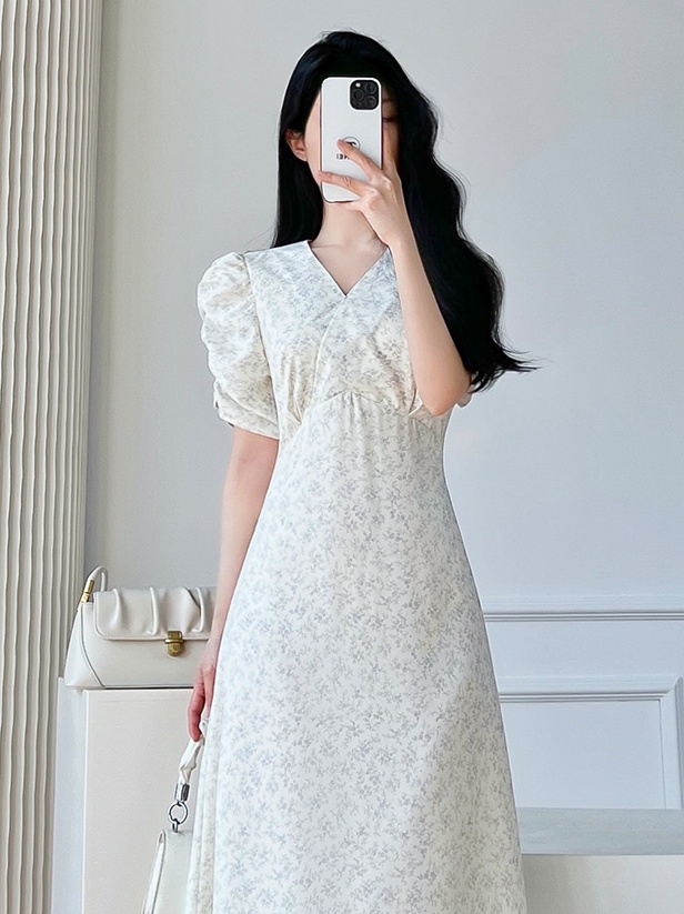 Slim long V-neck floral pinched waist Korean style summer dress