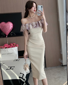 Package hip pinched waist flat shoulder sexy dress