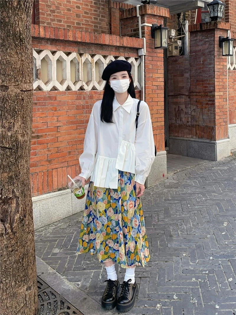 Korean style irregular skirt fold detachable shirt 2pcs set