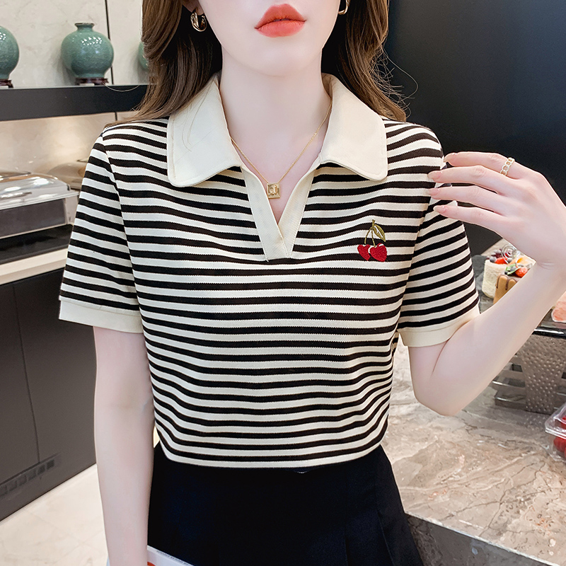 Embroidery summer Casual tops short sleeve stripe T-shirt