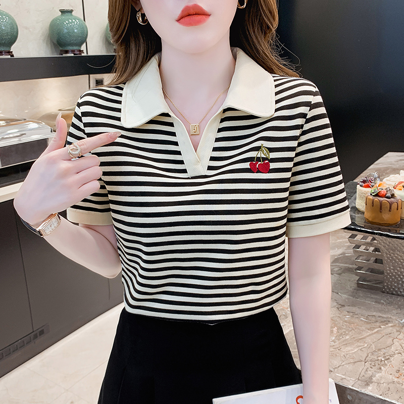Embroidery summer Casual tops short sleeve stripe T-shirt