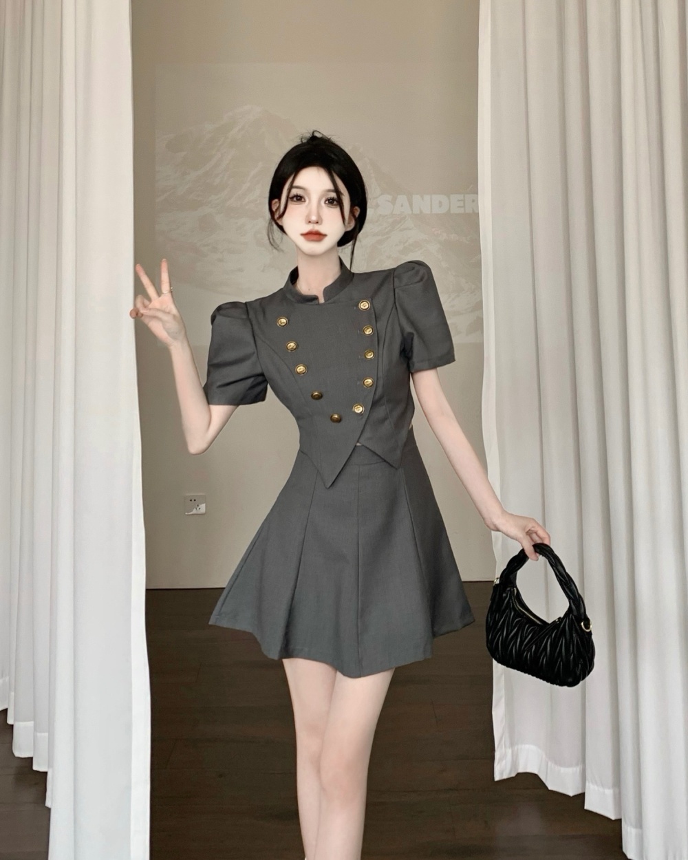 Cstand collar skirt double-breasted coat a set