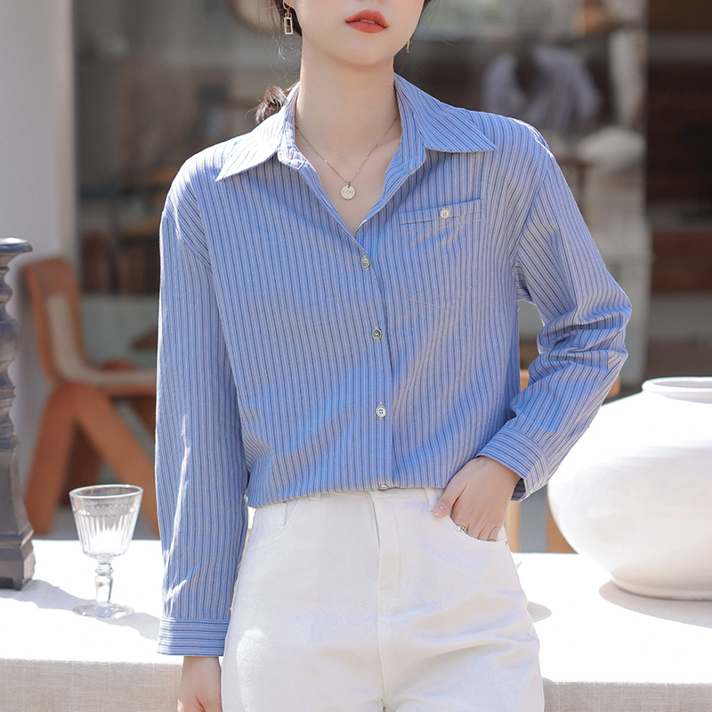 Long sleeve spring fashion Korean style loose blue shirt for women