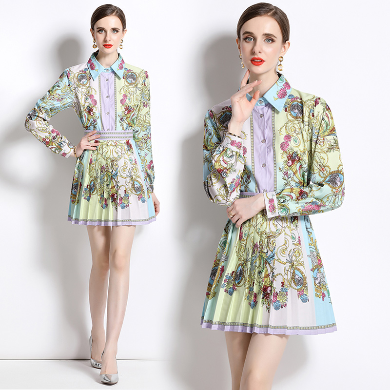 Printing fashion skirt retro spring shirt a set for women