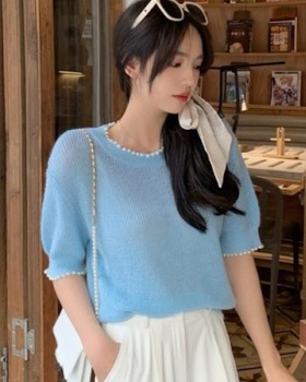 Short sleeve Korean style round neck pearl summer sweater