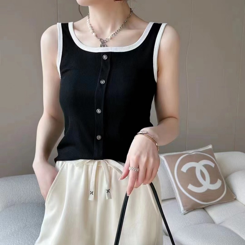 Knitted sleeveless vest square collar tops