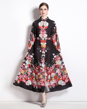 Long sleeve slim high waist spring floral dress for women