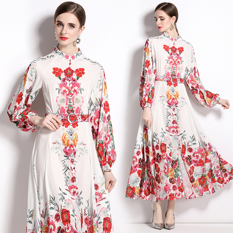 Long sleeve flowers elegant temperament dress for women