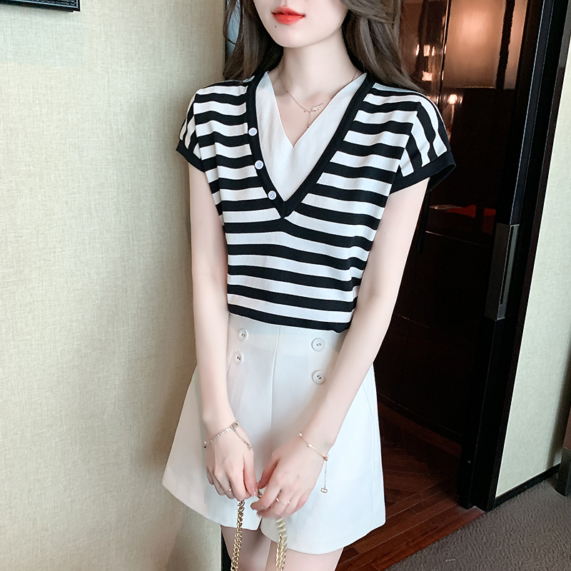 V-neck short sleeve T-shirt stripe small shirt for women