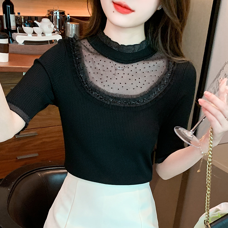 All-match splice Korean style tops lace hollow sweater for women