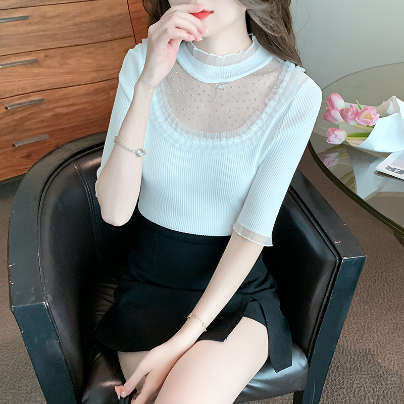 All-match splice Korean style tops lace hollow sweater for women
