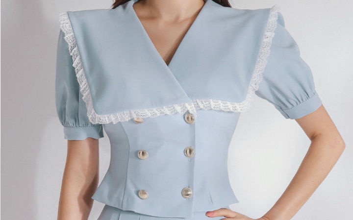 V-neck short tops lace cingulate skirt 2pcs set