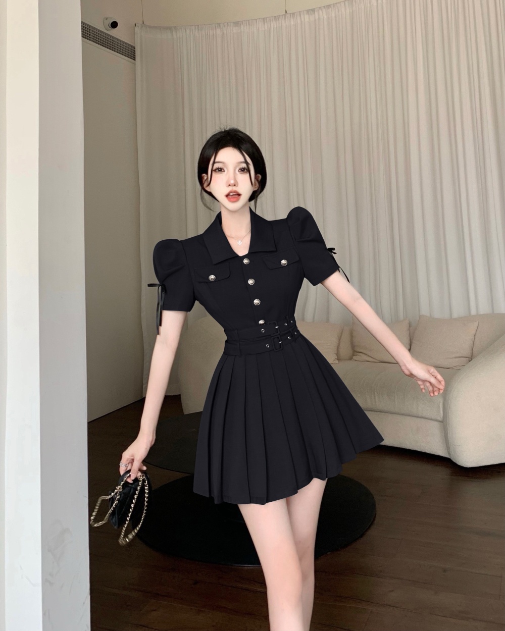Pleated lady pinched waist summer single-breasted slim dress