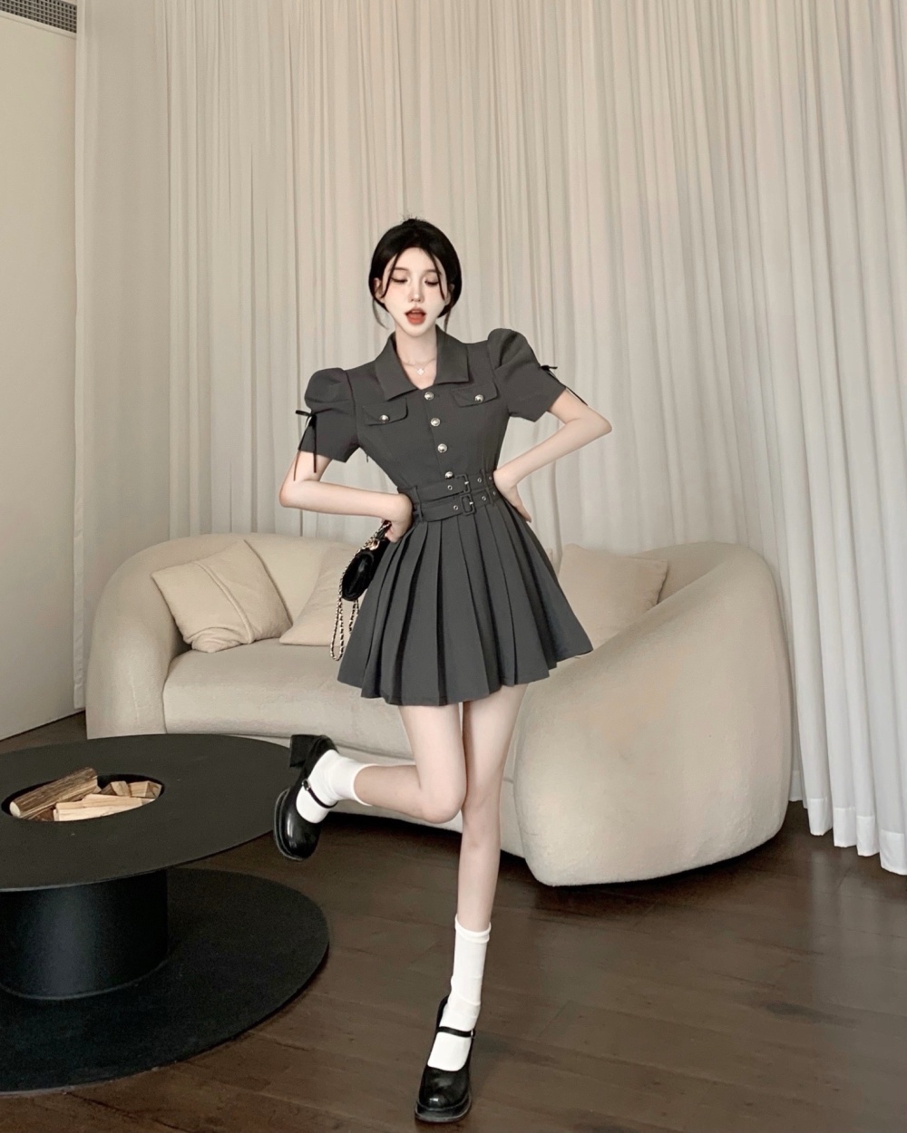 Pleated lady pinched waist summer single-breasted slim dress