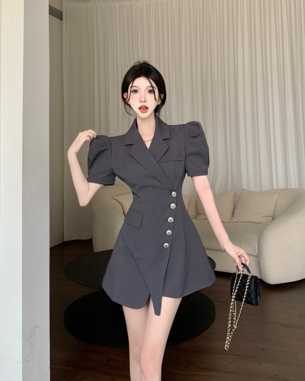 Pinched waist business suit single-breasted dress