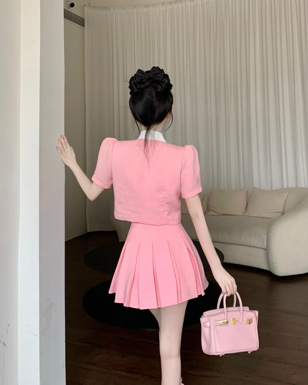 Puff sleeve mixed colors tops pleated skirt 2pcs set