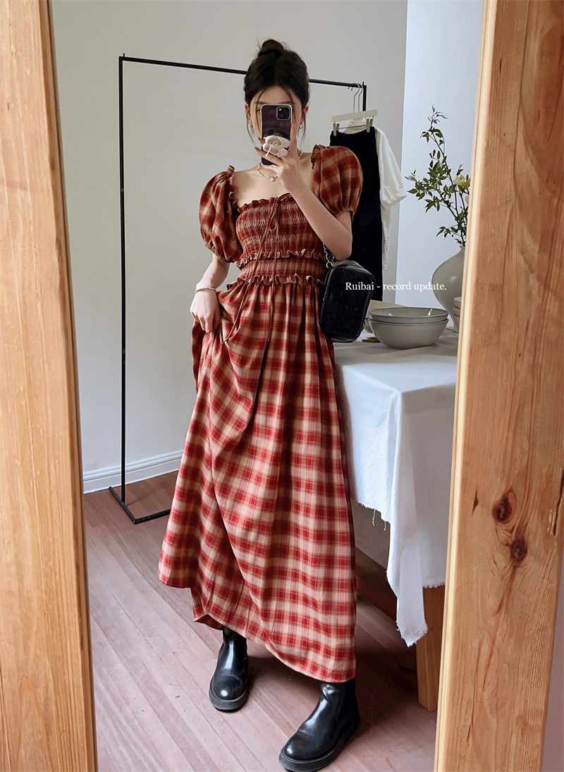 Wear puff sleeve strapless France style plaid dress