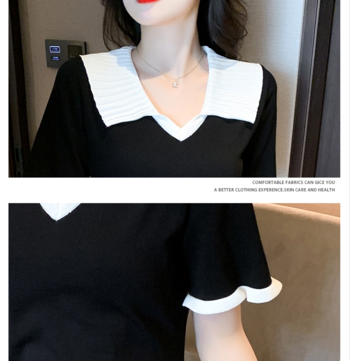 Long V-neck pinched waist short sleeve doll collar dress