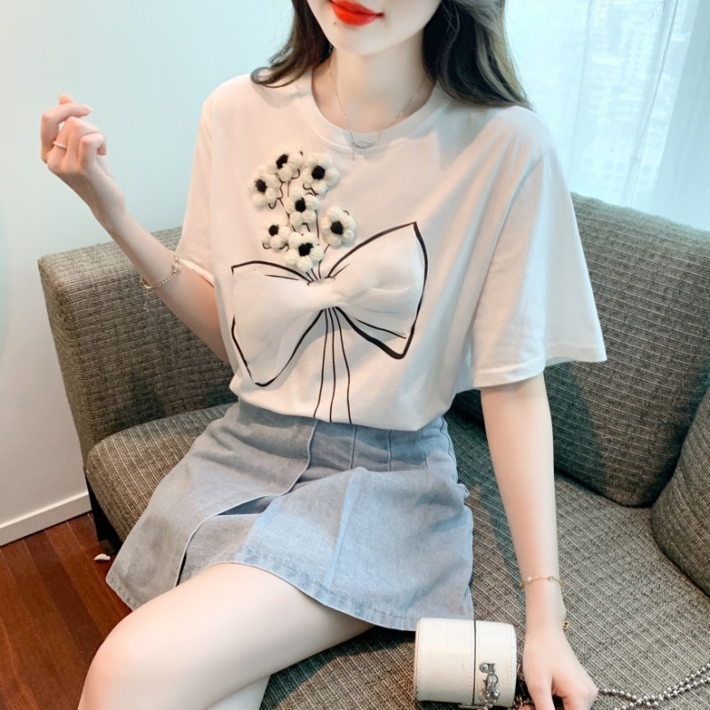 Pure cotton short sleeve tops bow T-shirt for women