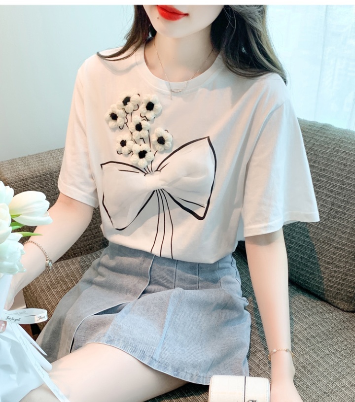 Pure cotton short sleeve tops bow T-shirt for women
