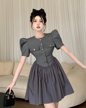 Puff sleeve big skirt fold slim dress for women