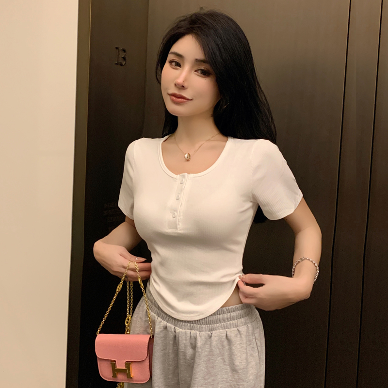 Short pure T-shirt slim clavicle for women