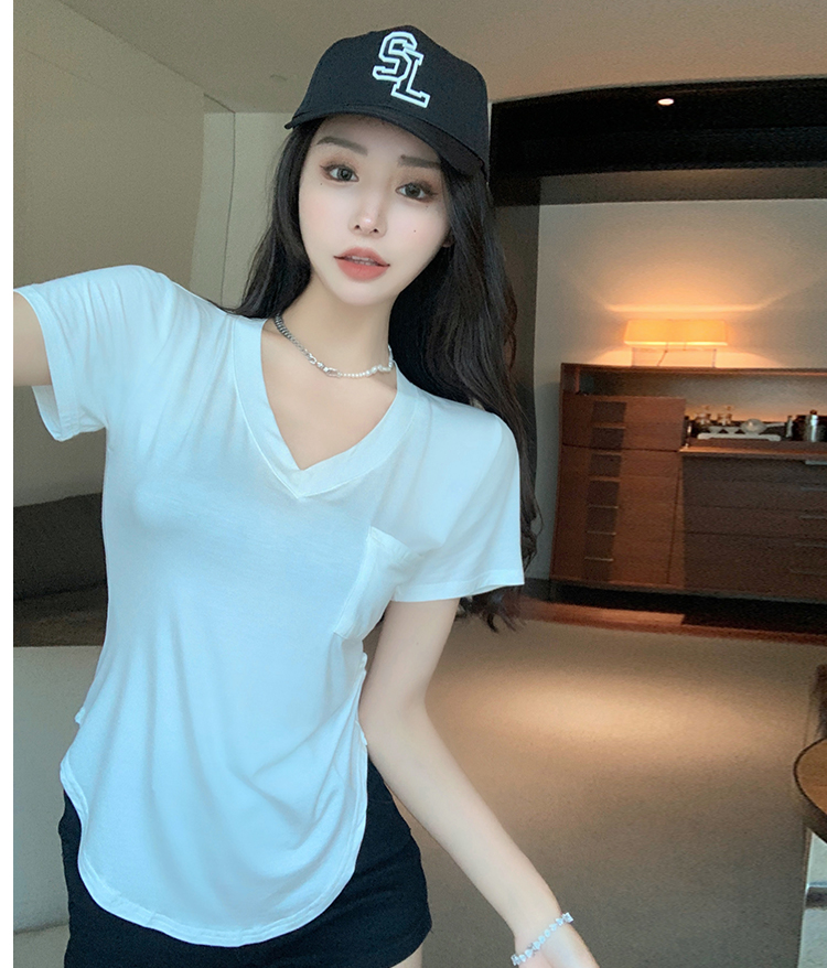 Drape V-neck T-shirt long Korean style tops for women