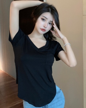 Drape V-neck T-shirt long Korean style tops for women