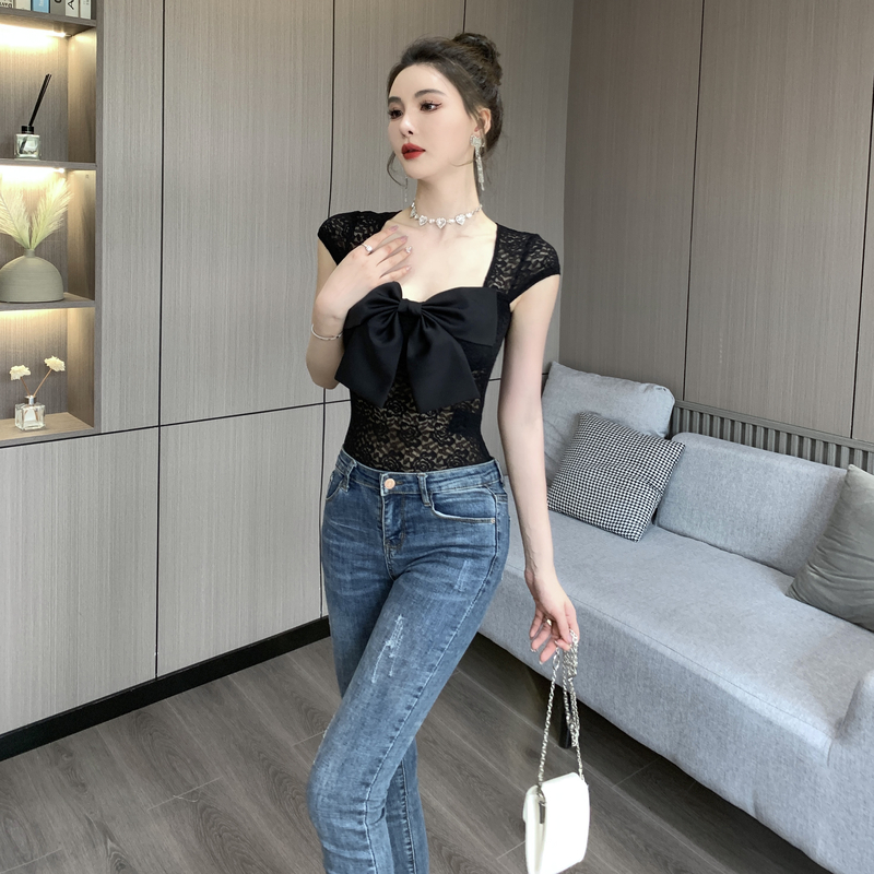 Tight short sleeve leotard black rose pattern tops for women