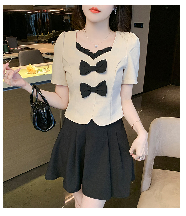 Square collar bow tops high waist short skirt 2pcs set