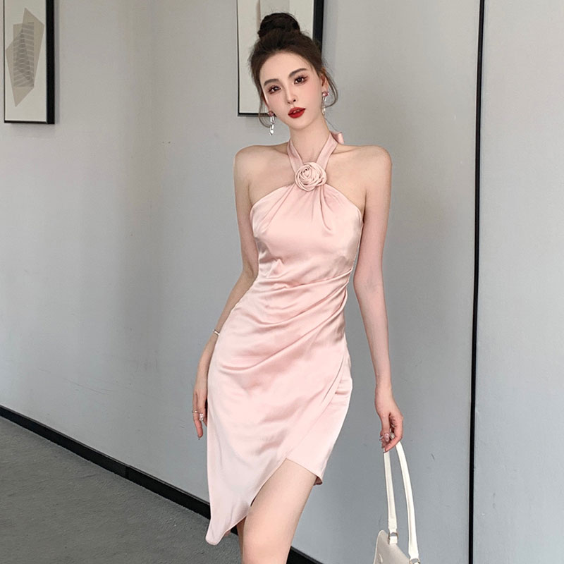 Satin pink strapless refinement rose halter slim dress