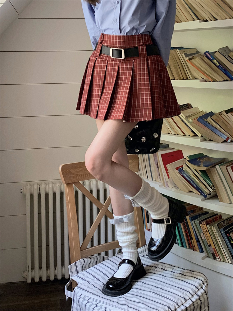 High waist pleated skirt plaid autumn short skirt