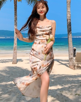 Fold painting strap dress blooming dress for women