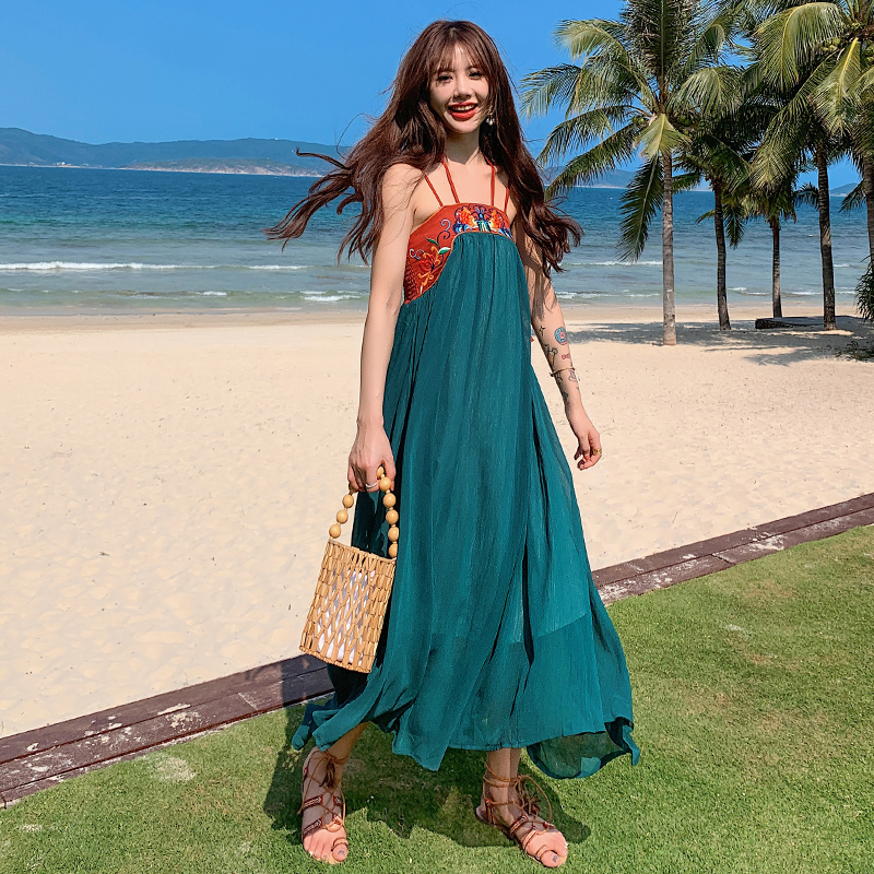 Retro national style long dress embroidery summer dress