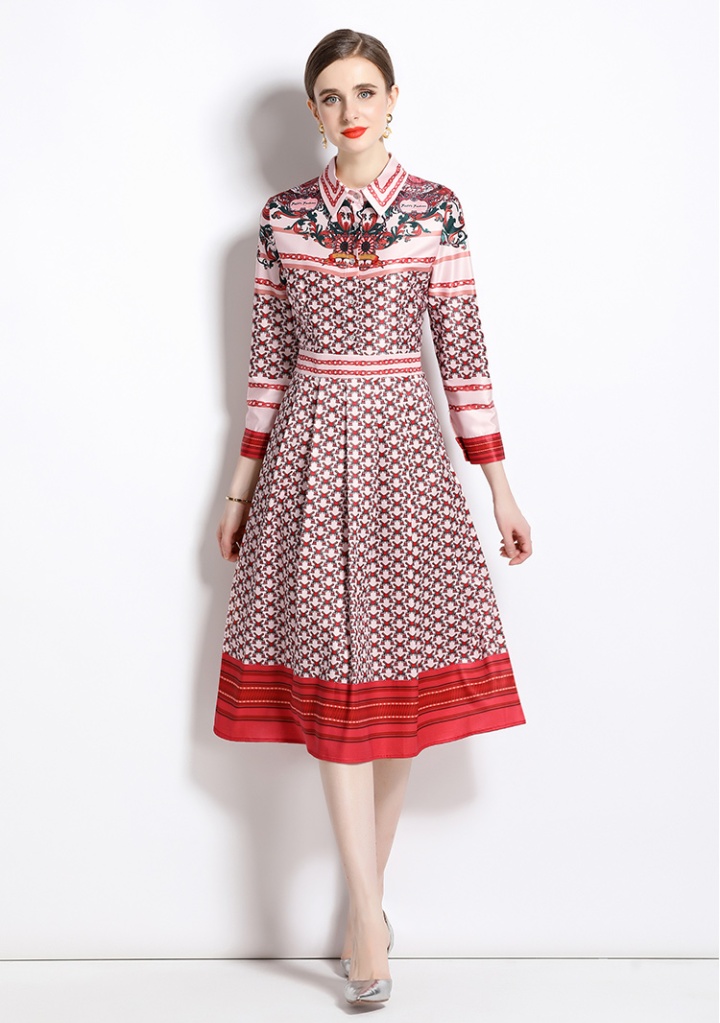 Pinched waist all-match printing vacation dress