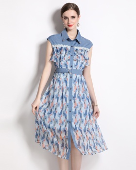 Lapel bird splice printing dress for women