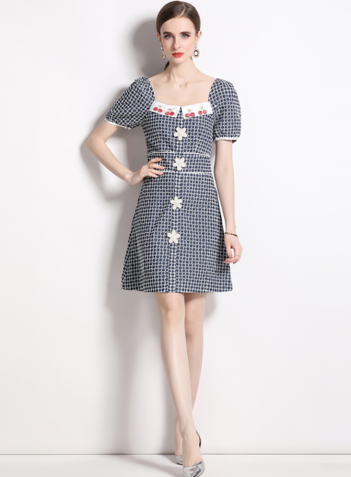 Puff sleeve denim retro square collar embroidery summer dress