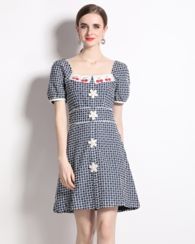 Puff sleeve denim retro square collar embroidery summer dress