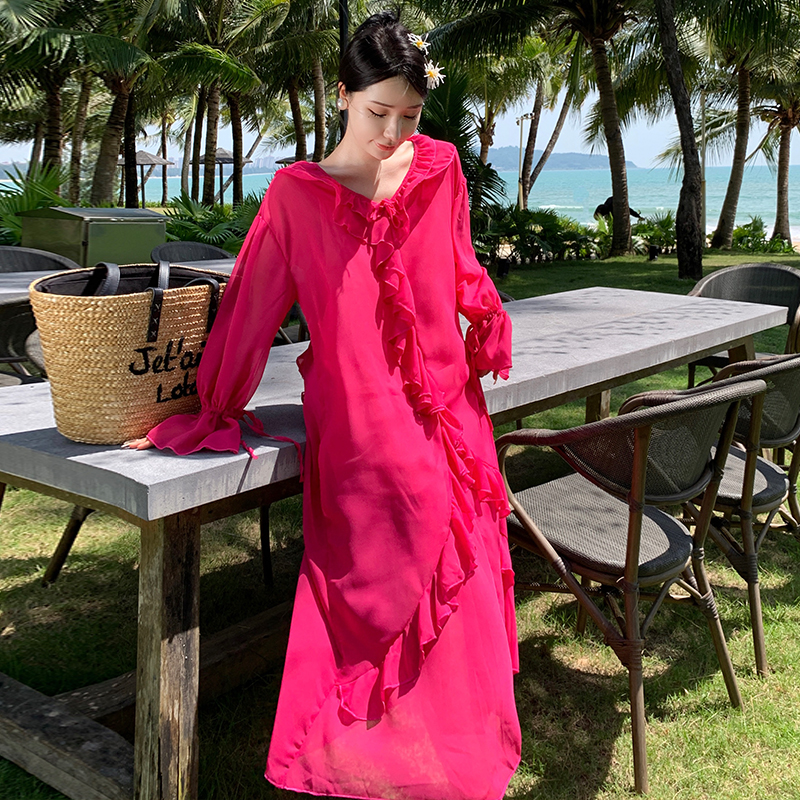 Sunscreen chiffon long sleeve travel dress for women