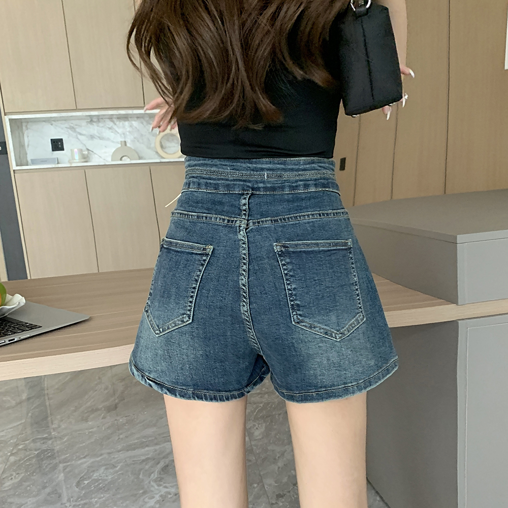 Slim Korean style wide leg summer double buckle short jeans