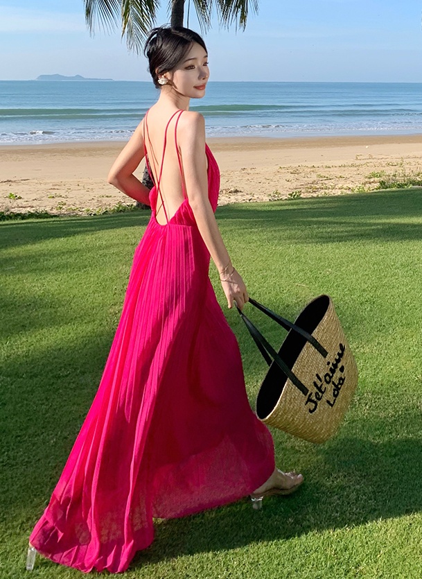 Vacation halter seaside travel sling big skirt dress