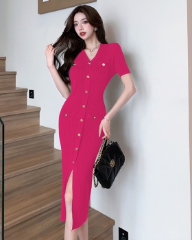 Split long dress short sleeve dress for women