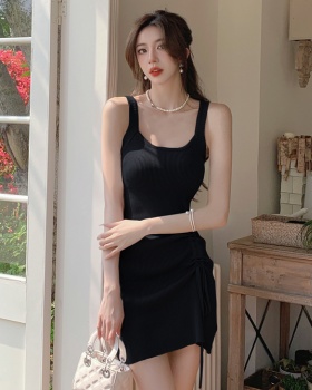 Package hip summer dress pinched waist knitted T-back