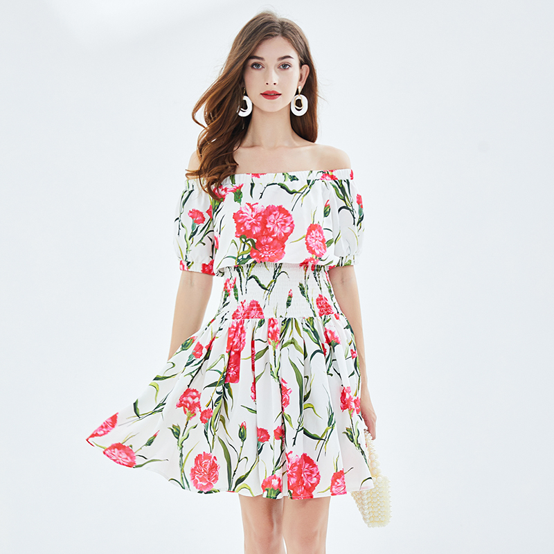 Pinched waist rose spring and summer strapless elastic dress